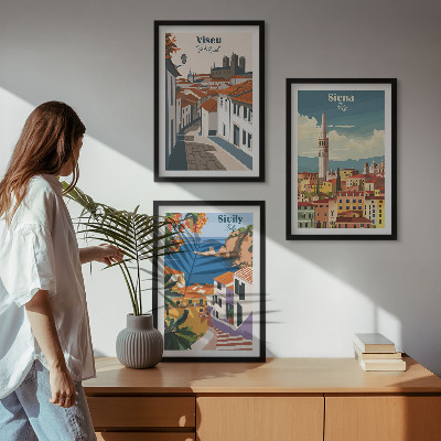 Set of 3 framed wall art pieces Retro illustrations of world cities