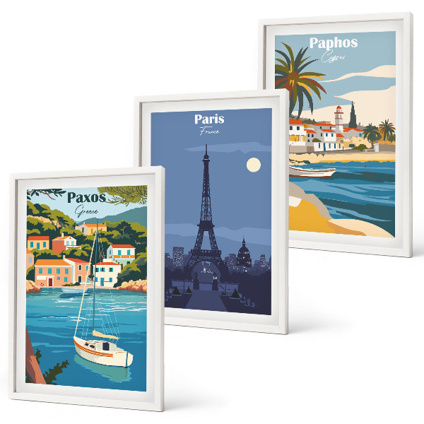 Set of 3 framed wall art pieces Coastal cities and architecture