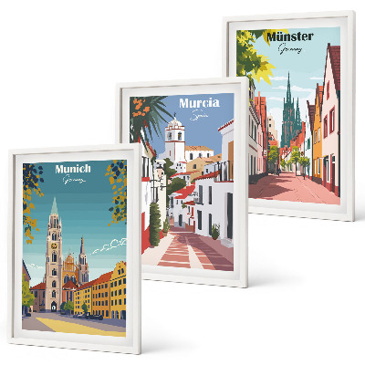Three-piece wall art piece European cities in color drawings
