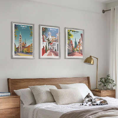 Three-piece wall art piece European cities in color drawings
