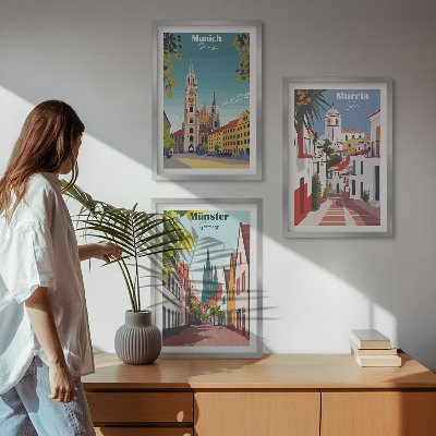 Three-piece wall art piece European cities in color drawings
