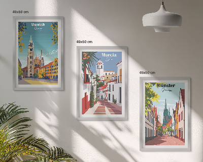 Three-piece wall art piece European cities in color drawings