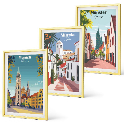 Three-piece wall art piece European cities in color drawings