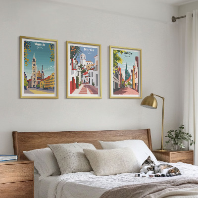 Three-piece wall art piece European cities in color drawings