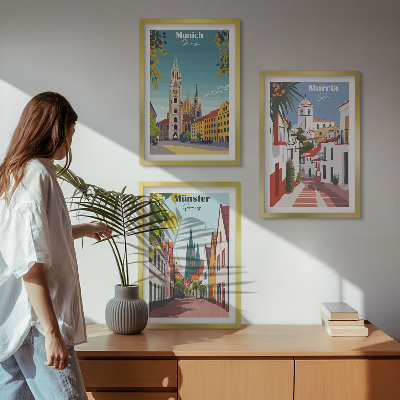 Three-piece wall art piece European cities in color drawings