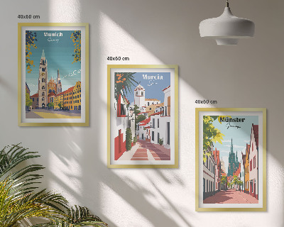 Three-piece wall art piece European cities in color drawings
