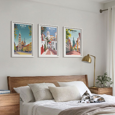 Three-piece wall art piece European cities in color drawings