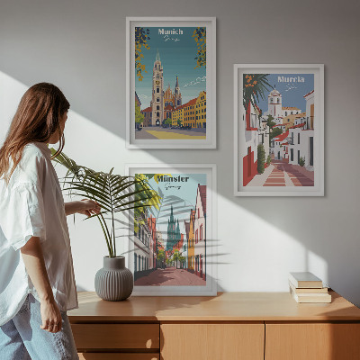Three-piece wall art piece European cities in color drawings