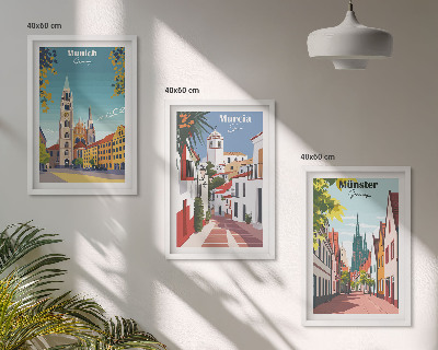 Three-piece wall art piece European cities in color drawings
