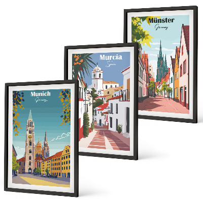 Three-piece wall art piece European cities in color drawings