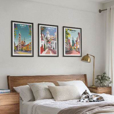 Three-piece wall art piece European cities in color drawings
