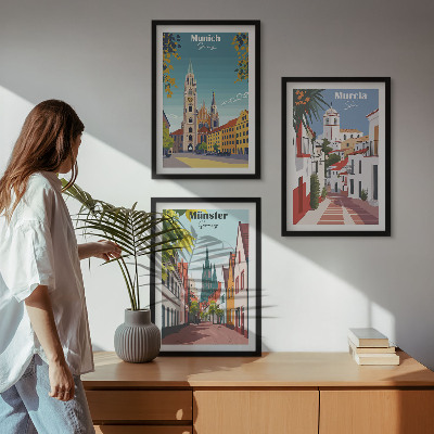 Three-piece wall art piece European cities in color drawings