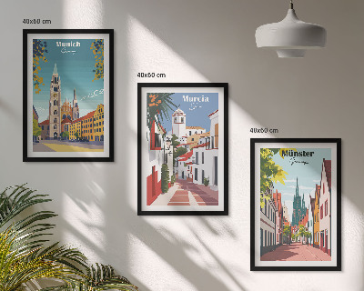 Three-piece wall art piece European cities in color drawings