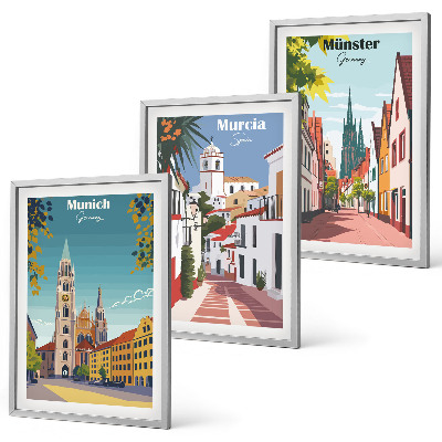 Three-piece wall art piece European cities in color drawings