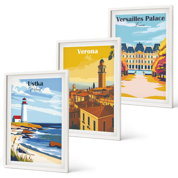 Set of 3 framed wall art pieces Views of places by the sea of ​​cities