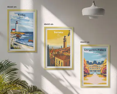 Set of 3 framed wall art pieces featuring coastal city views