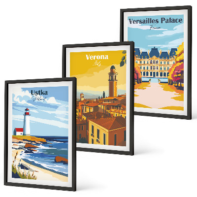 Set of 3 framed wall art pieces Views of places by the sea of ​​cities