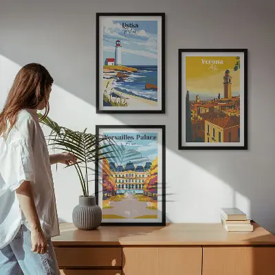 Set of 3 framed wall art pieces featuring coastal city views