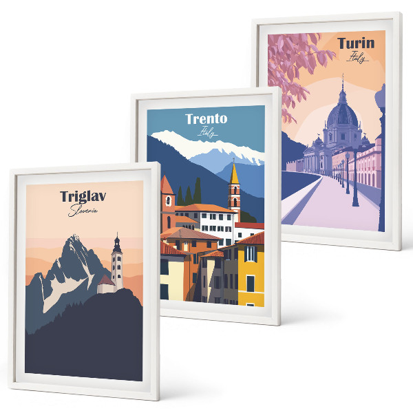 Wall art set Mountains architecture retro illustrations