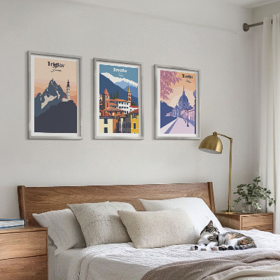 Wall art set Mountains architecture retro illustrations