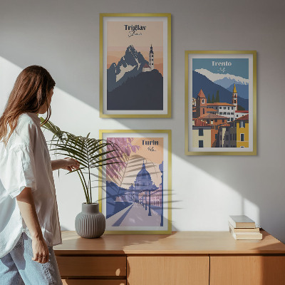 Wall art set Mountains architecture retro illustrations