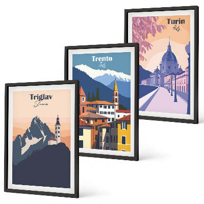 Wall art set Mountains architecture retro illustrations