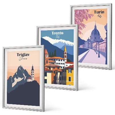 Wall art set Mountains architecture retro illustrations