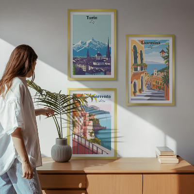 Three-piece wall art piece Colorful retro cityscapes