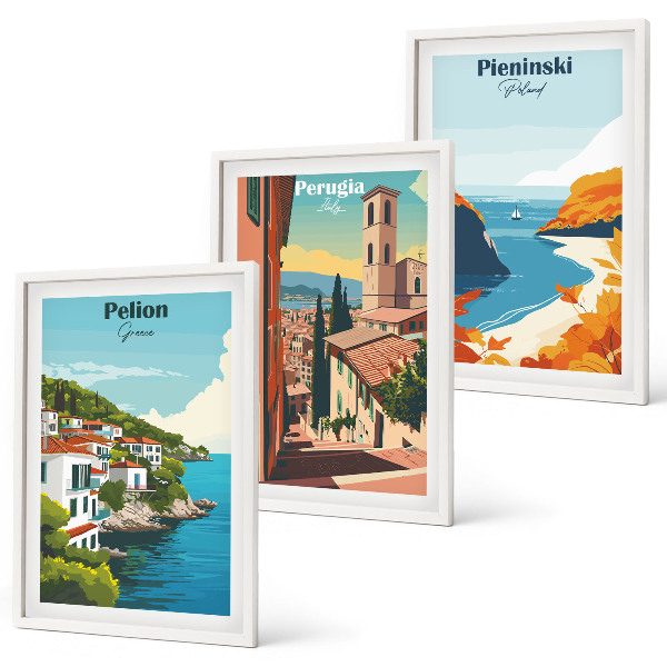 Set of 3 framed wall art pieces Picturesque retro landscapes