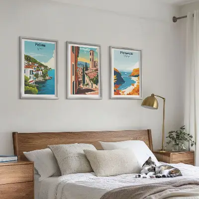 Set of 3 framed wall art pieces featuring picturesque retro landscapes