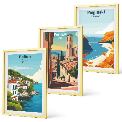 Set of 3 framed wall art pieces Picturesque retro landscapes
