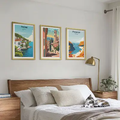 Set of 3 framed wall art pieces featuring picturesque retro landscapes