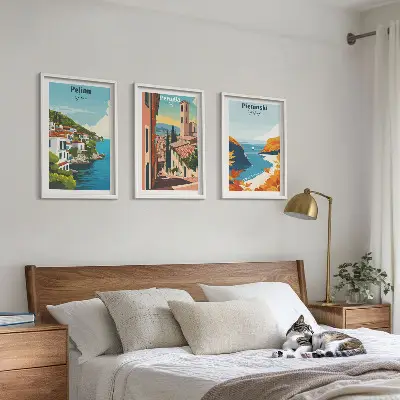 Set of 3 framed wall art pieces featuring picturesque retro landscapes