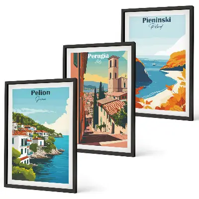 Set of 3 framed wall art pieces featuring picturesque retro landscapes