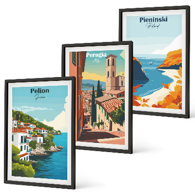 Set of 3 framed wall art pieces Picturesque retro landscapes