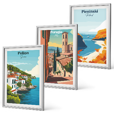Set of 3 framed wall art pieces Picturesque retro landscapes