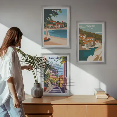 Seaside town illustrations wall art set