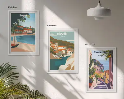 Seaside town illustrations wall art set