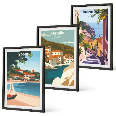Seaside town illustrations wall art set