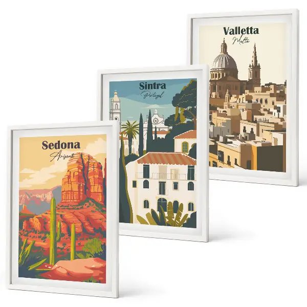 Three-piece retro wall art set featuring views of Sedona, Sintra, and Valletta
