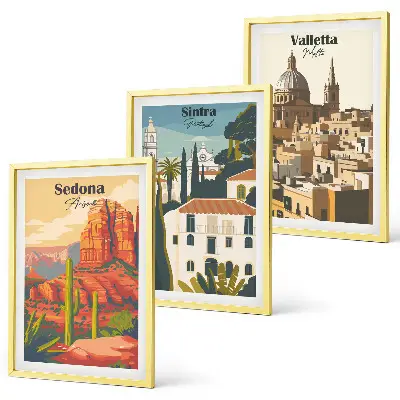 Three-piece retro wall art set featuring views of Sedona, Sintra, and Valletta