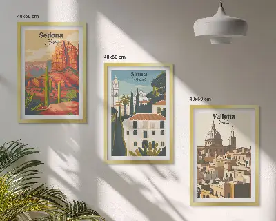 Three-piece retro wall art set featuring views of Sedona, Sintra, and Valletta