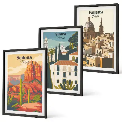 Three-piece retro wall art set featuring views of Sedona, Sintra, and Valletta