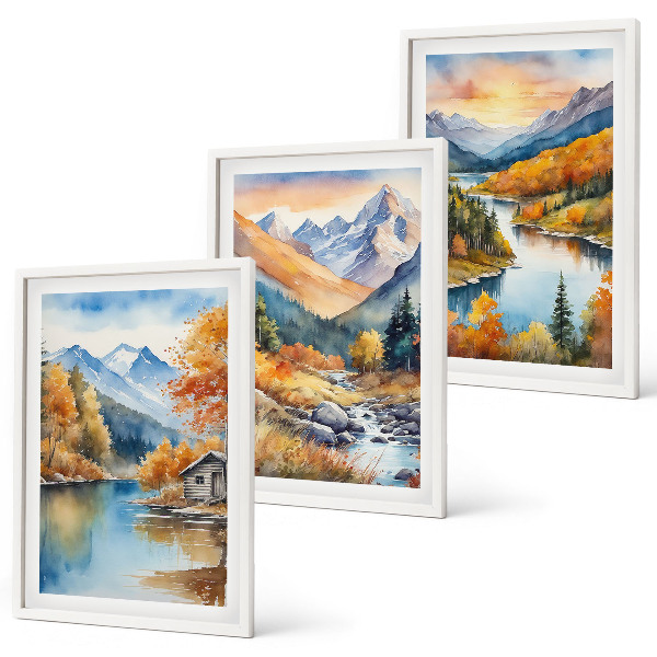 Three-piece wall art piece Mountain landscape river autumn
