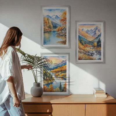 Three-piece wall art piece Mountain landscape river autumn