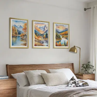 Three-piece mountain landscape wall art river autumn scene