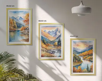 Three-piece mountain landscape wall art river autumn scene