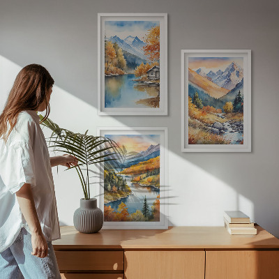 Three-piece wall art piece Mountain landscape river autumn