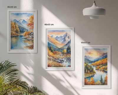 Three-piece wall art piece Mountain landscape river autumn