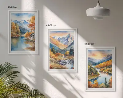 Three-piece mountain landscape wall art river autumn scene
